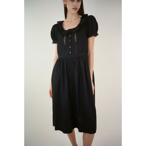 Sandy Liang Middy Midi Dress Floral Lace Ruffle Cotton Short Sleeve L NEW 282675 - Picture 1 of 7